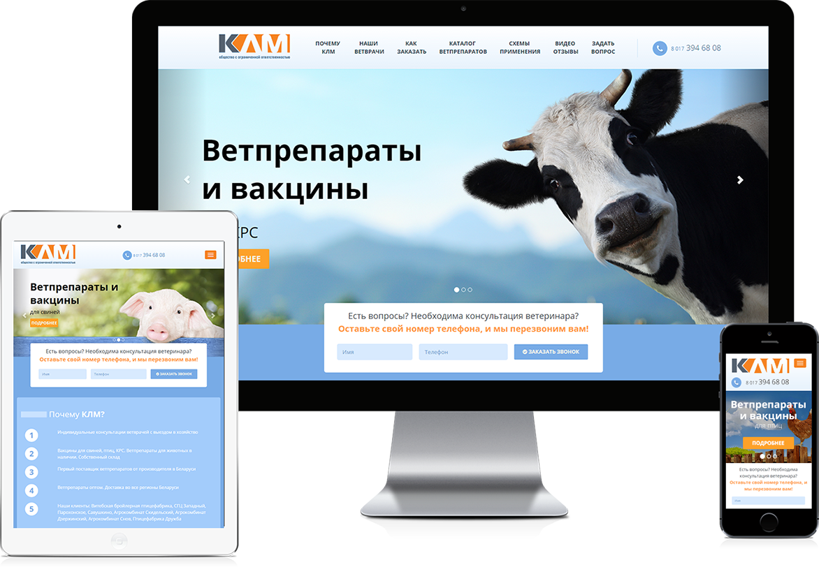 Сайт компании VetKLM на различных устройствах